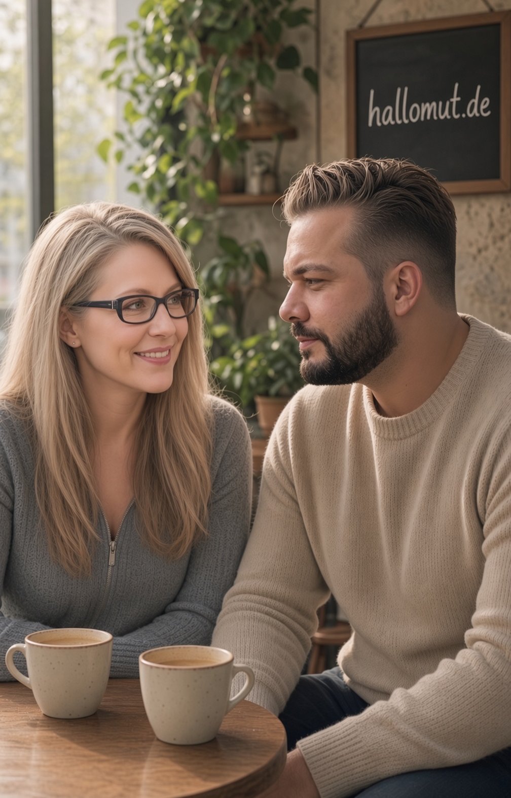 Zwei Menschen sitzen an einem runden Café-Tisch einander zugewandt im Gespräch, zwischen ihnen zwei Tassen; an der Wand dahinter eine Kreidetafel mit der Aufschrift hallomut.de